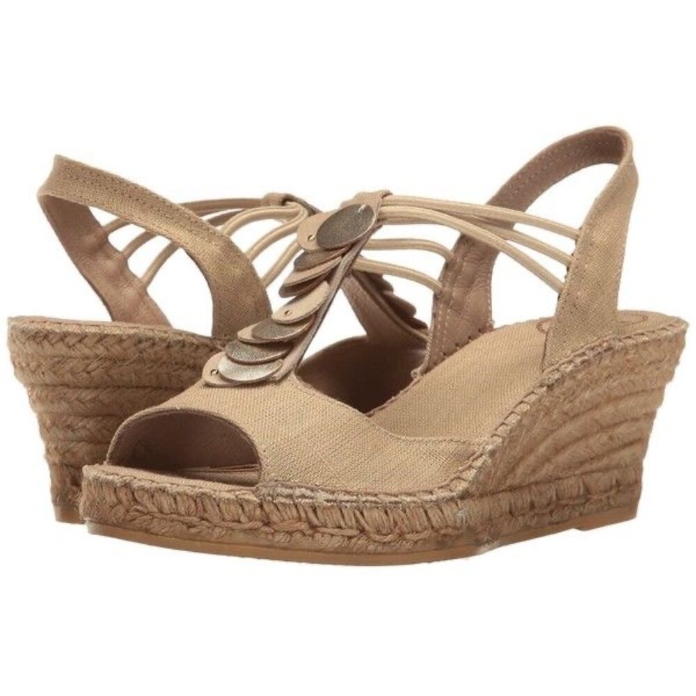 NWOB TONI PONS ORIGENS Women's Sitges Stone Tan Metallic Wedge Sandals Sz 5.5/36 - Picture 2 of 10